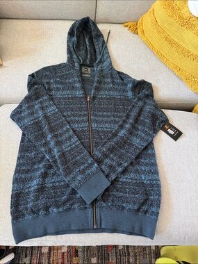 Quiksilver Men's Blue and Black Striped Zip-Up Hoodie Sweater